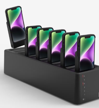 Apple iPhones wrapped with Card Payment Device and multi-unit charging doc helps you manage large, mobile teams